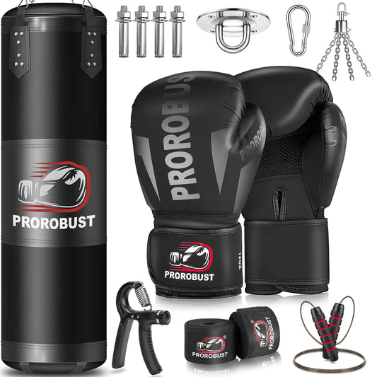 Prorobust Punching Bag for Adults 4ft Oxford Heavy Boxing Bag Set 12 oz Boxing Gloves Hand Wraps Jump Rope & Strength Trainer. Versatile Boxing Training Equipment for Kick Boxing Karate - Unfilled